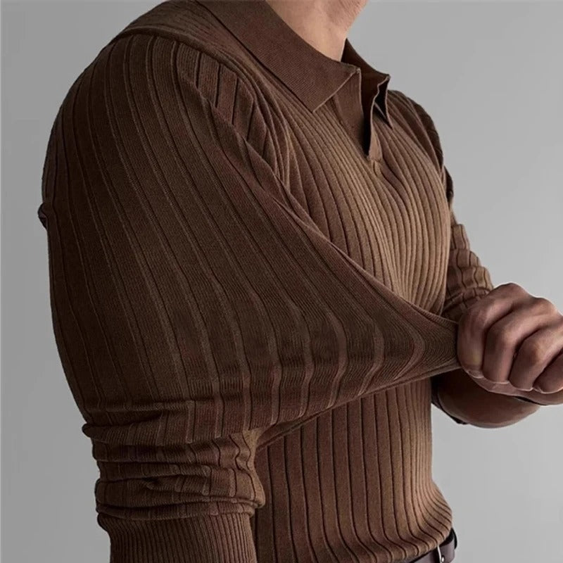 Heren polo met ribdessin en lange mouwen - afbeelding 5