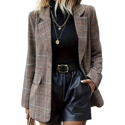 Lange geruite damesblazer met open voorkant