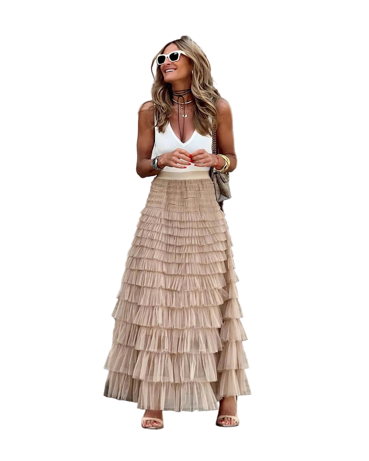 Lange maxi rok van tule voor dames met ruches