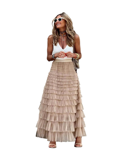 Lange maxi rok van tule voor dames met ruches