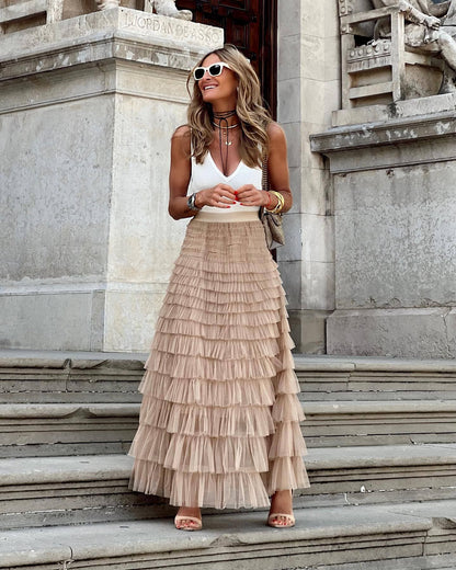 Lange maxi rok van tule voor dames met ruches