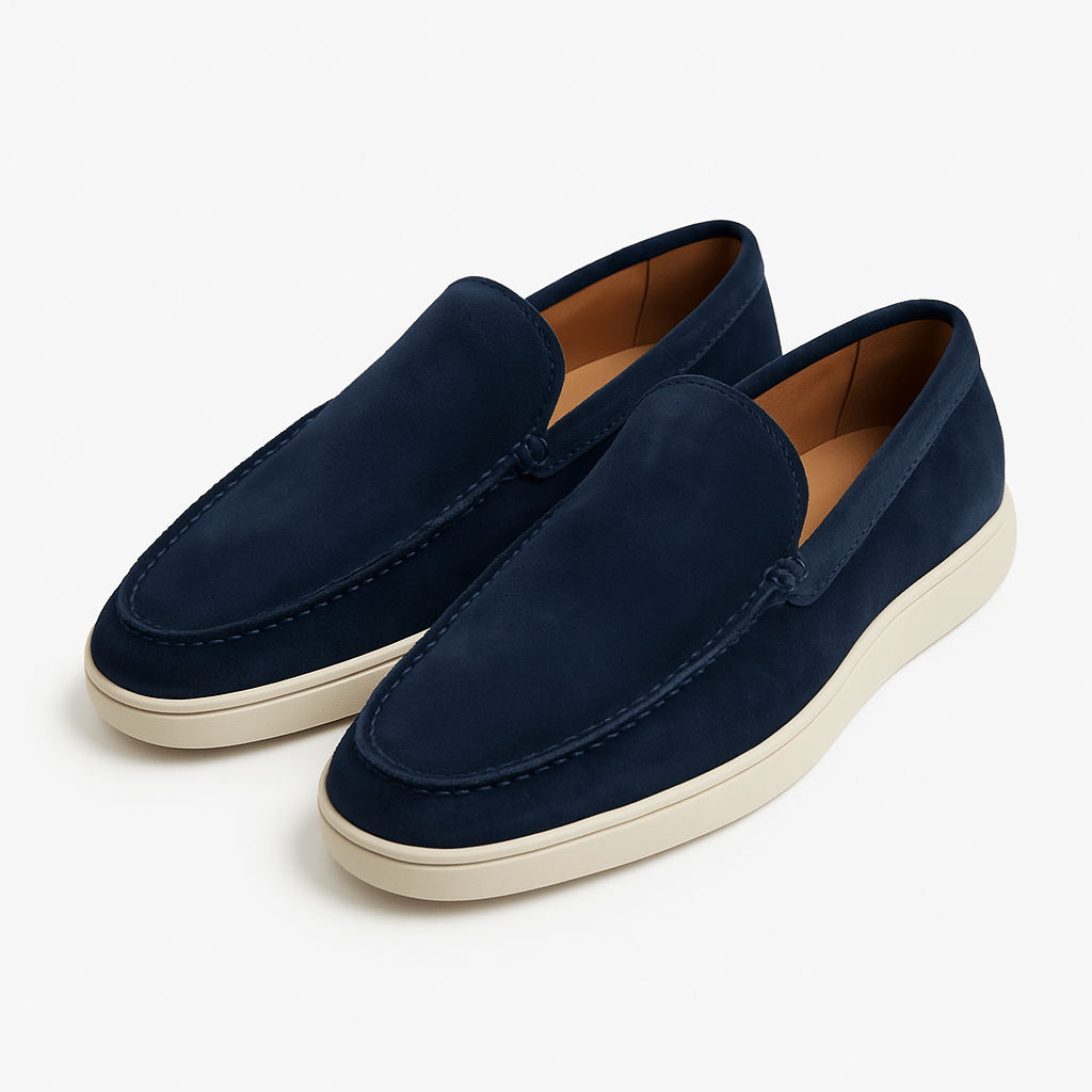 Heren Suèdelook Loafers Met Mocassinnaad En Witte Zool in Marineblauw