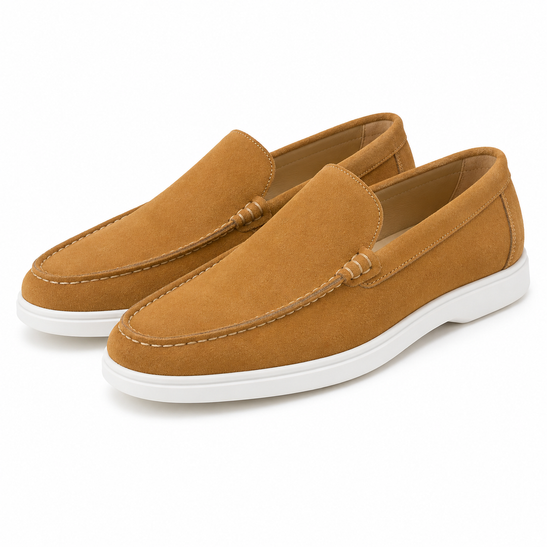 Heren Suèdelook Loafers Met Mocassinnaad En Witte Zool in Camel