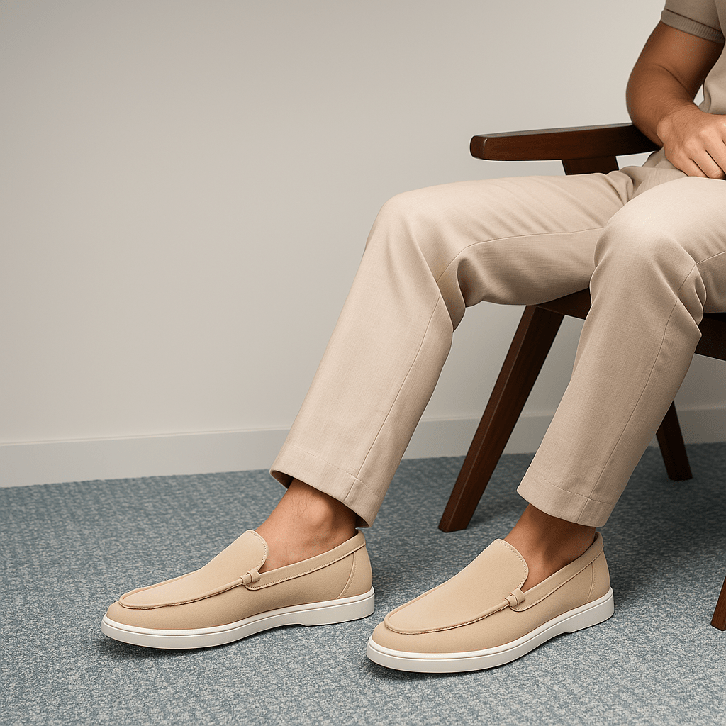 Heren suèdelook loafers in een lichte tint gedragen met chino