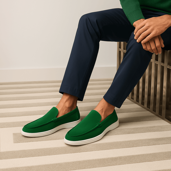 Heren Suèdelook Loafers Met Mocassinnaad En Witte Zool in Groen gedragen