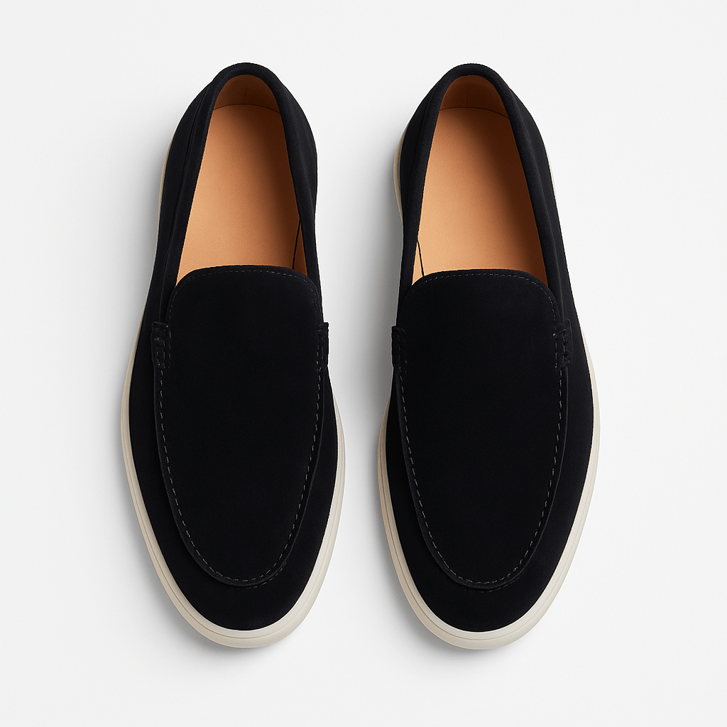 Heren Suèdelook Loafers Met Mocassinnaad En Witte Zool in Zwart bovenaanzicht