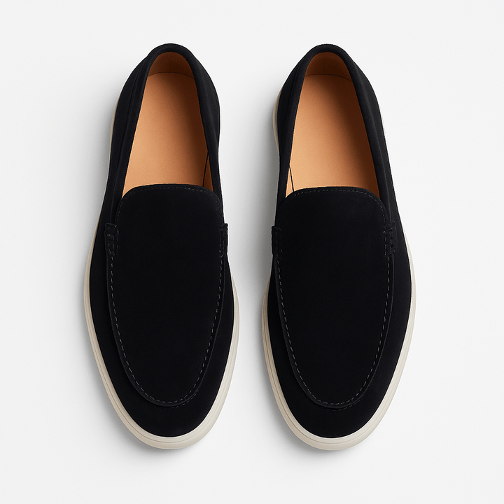 Heren Suèdelook Loafers Met Mocassinnaad En Witte Zool in Zwart bovenaanzicht