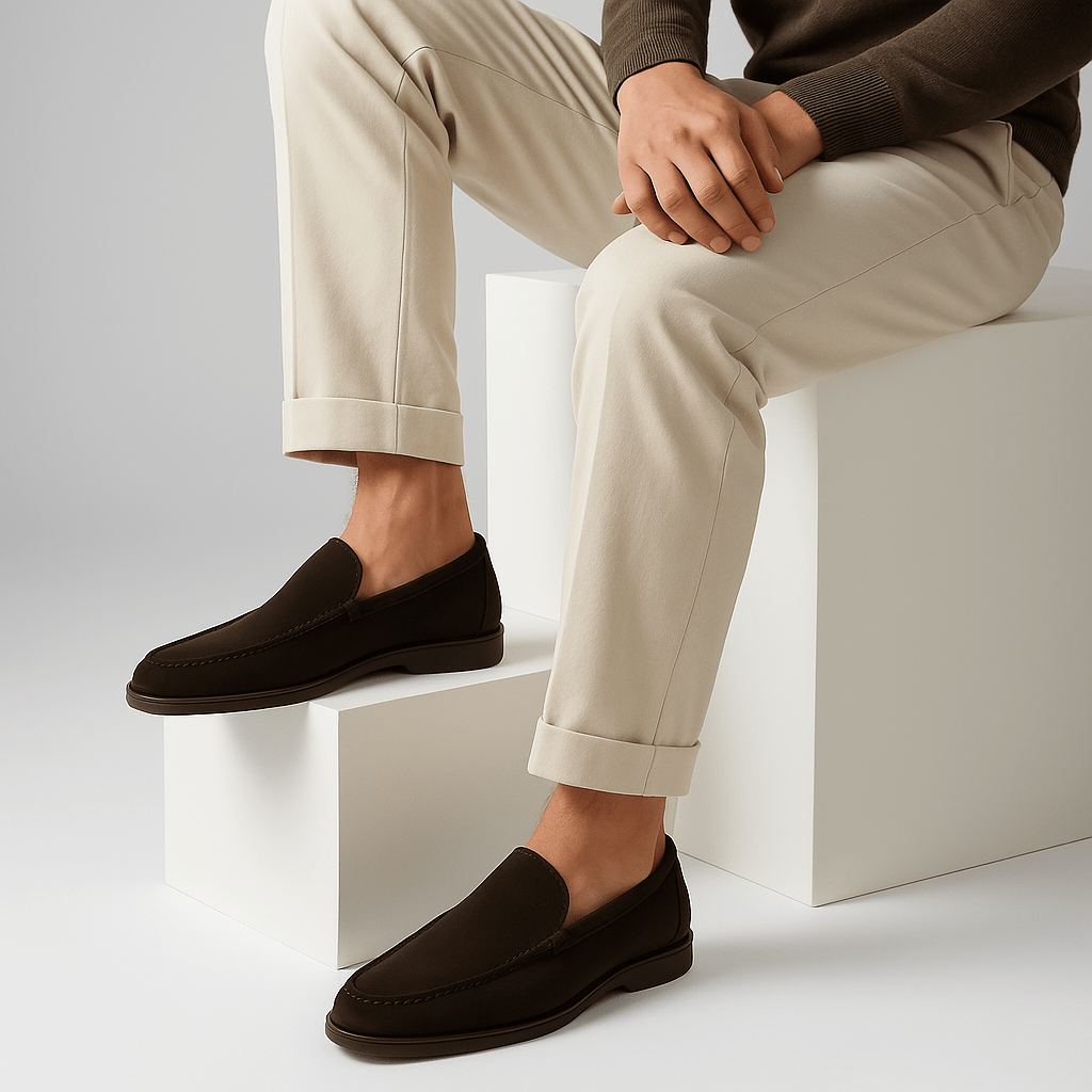 Heren Suèdelook Loafers Met Mocassinnaad En Witte Zool in Koffie gedragen