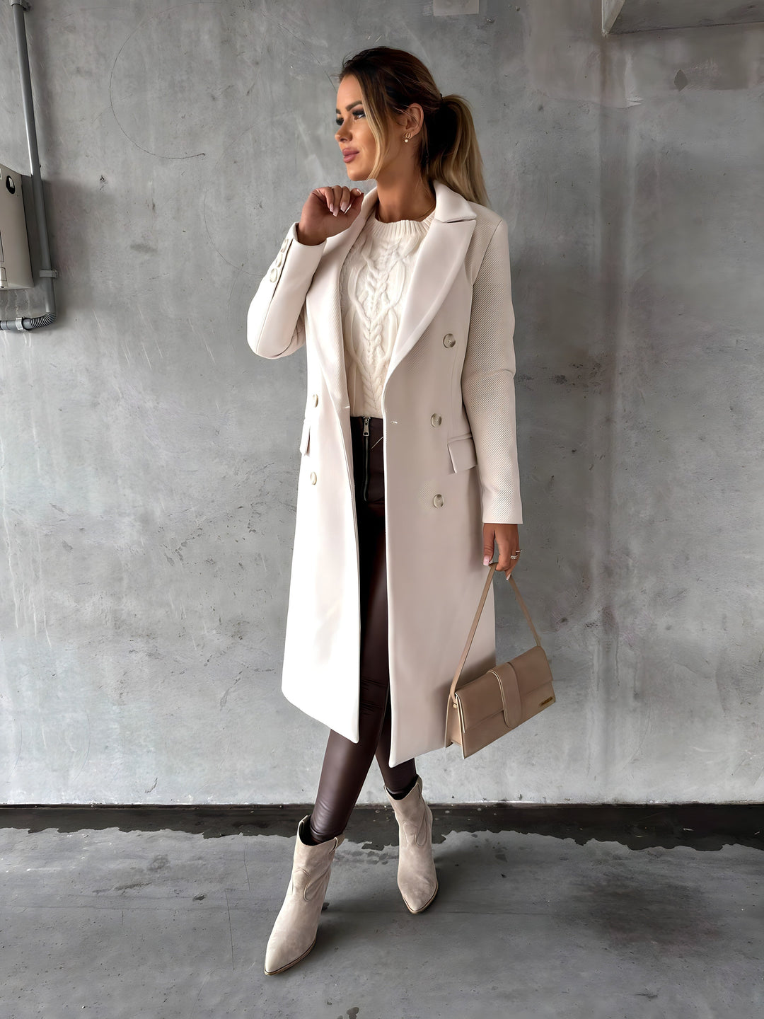 Dames lange mantel met dubbele knoopsluiting