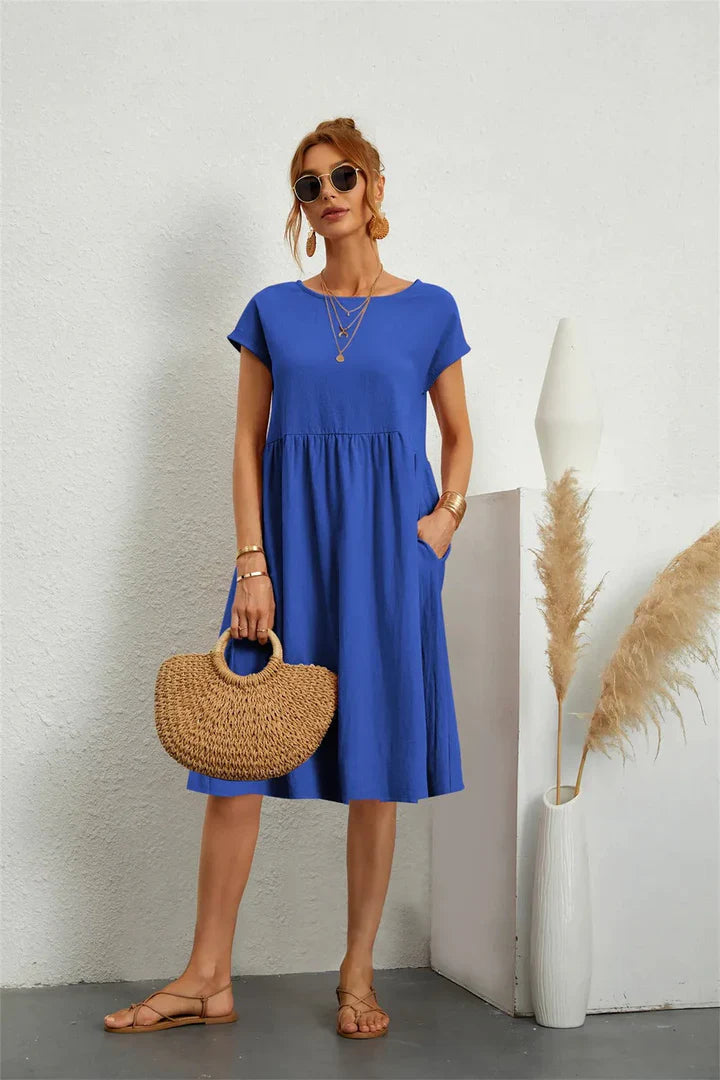 Dames Midi Jurk Met Korte Mouwen En Steekzakken in Blauw