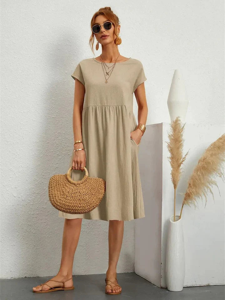 Dames Midi Jurk Met Korte Mouwen En Steekzakken in Khaki