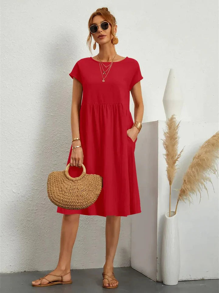 Dames Midi Jurk Met Korte Mouwen En Steekzakken in Rood