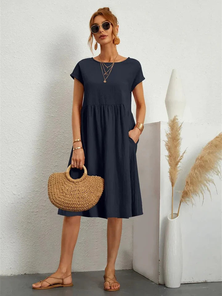 Dames Midi Jurk Met Korte Mouwen En Steekzakken in Donkerblauw