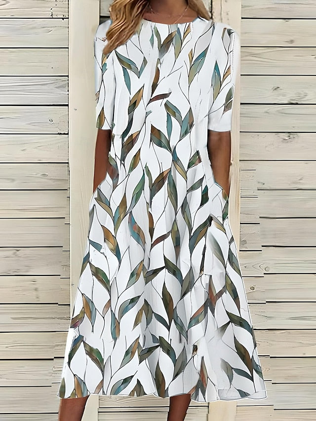 Dames Midi Jurk Met Bladerenprint En Korte Mouwen in Groen
