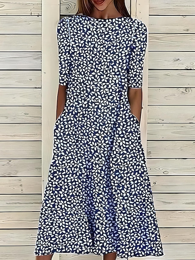 Dames Midi Jurk Met Bladerenprint En Korte Mouwen in Donkerblauw