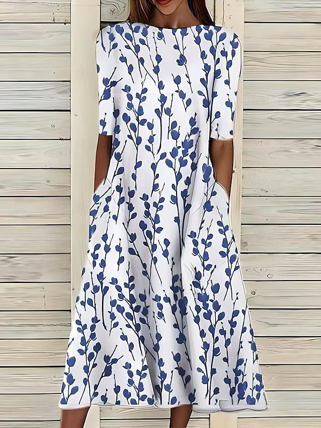 Dames Midi Jurk Met Bladerenprint En Korte Mouwen in Blauw