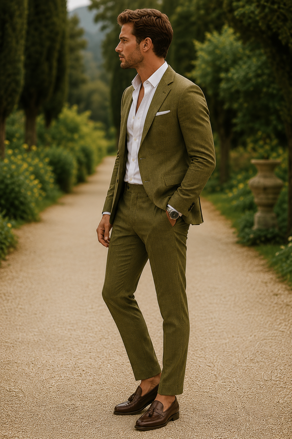 Heren Slim Fit Pak In Linnenlook Met Colbert En Pantalon in Olijfgroen, zijaanzicht