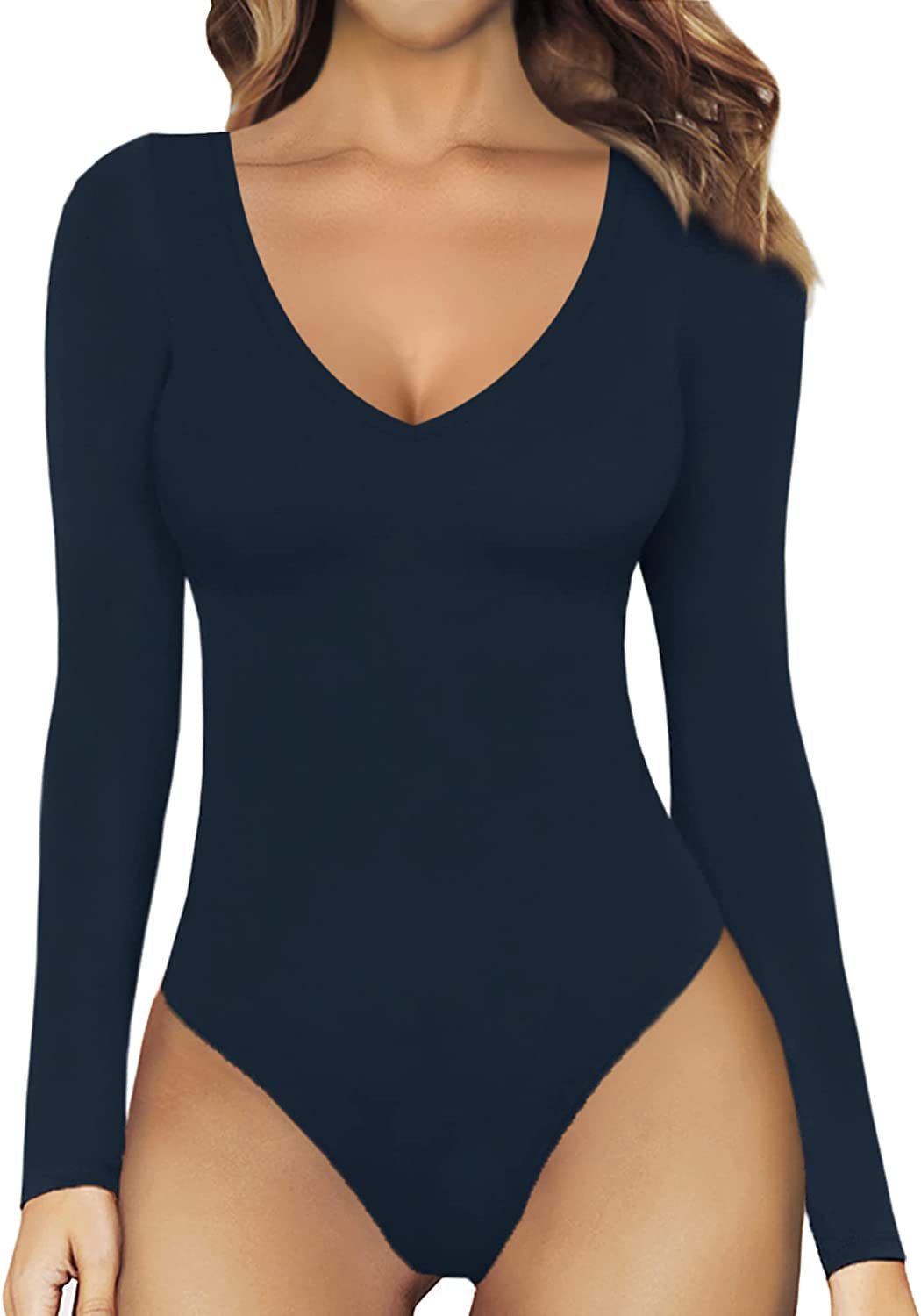 Dames Naadloze Bodysuit Met Lange Mouwen En Lage Halslijn in Blauw