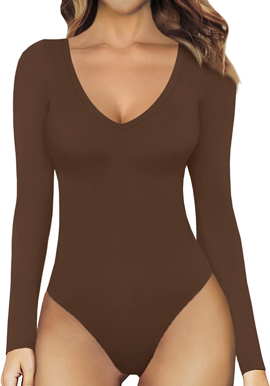 Dames Naadloze Bodysuit Met Lange Mouwen En Lage Halslijn in Bruin