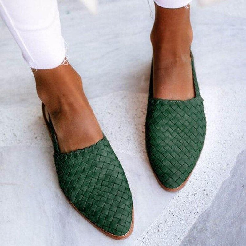 Dames Gevlochten Slingback Flats Met Puntige Neus En Lage Hak in Donkergroen