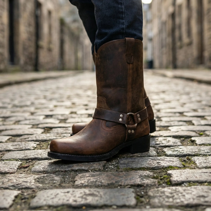 Heren Western Cowboylaarzen Met Harnessgesp En Vierkante Neus in Cognac gedragen op straat