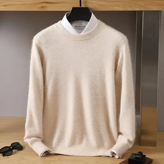 Heren Zachte Gebreide Trui Met Ronde Hals En Lange Mouwen in Beige