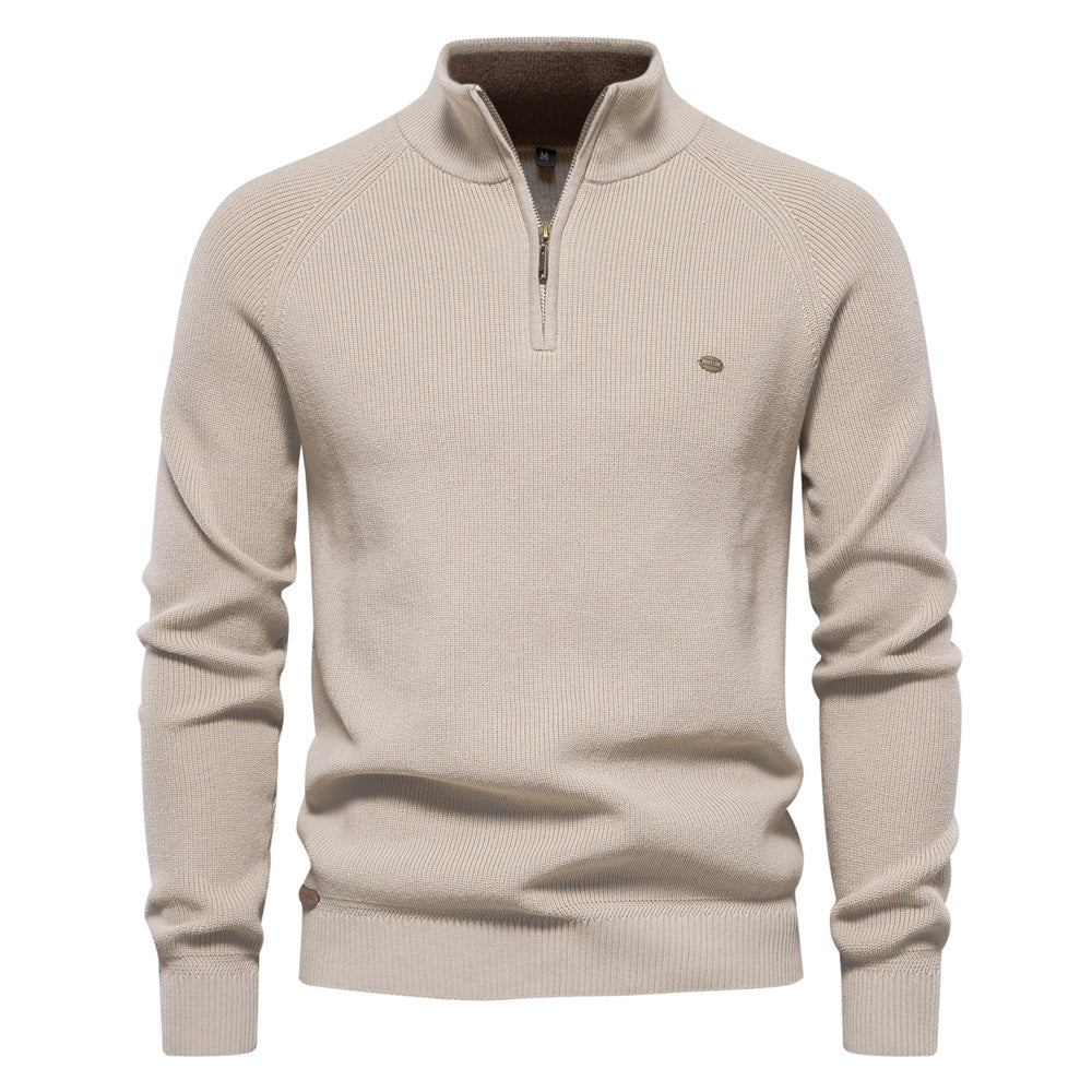 Gebreide herentrui met opstaande kraag in beige