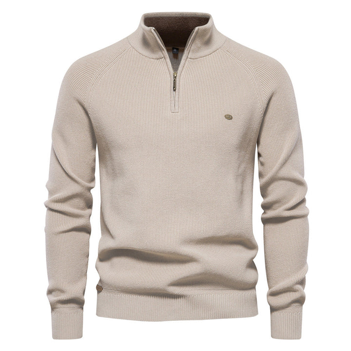 Gebreide herentrui met opstaande kraag in beige