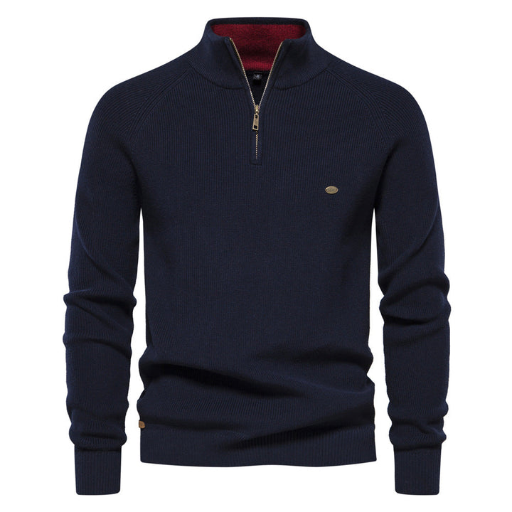 Gebreide herentrui met halve rits in marineblauw