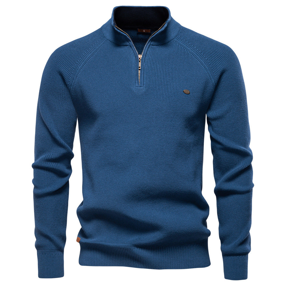 Gebreide herentrui met halve rits in blauw