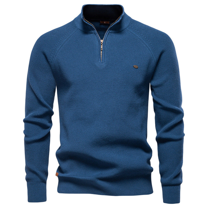 Gebreide herentrui met halve rits in blauw