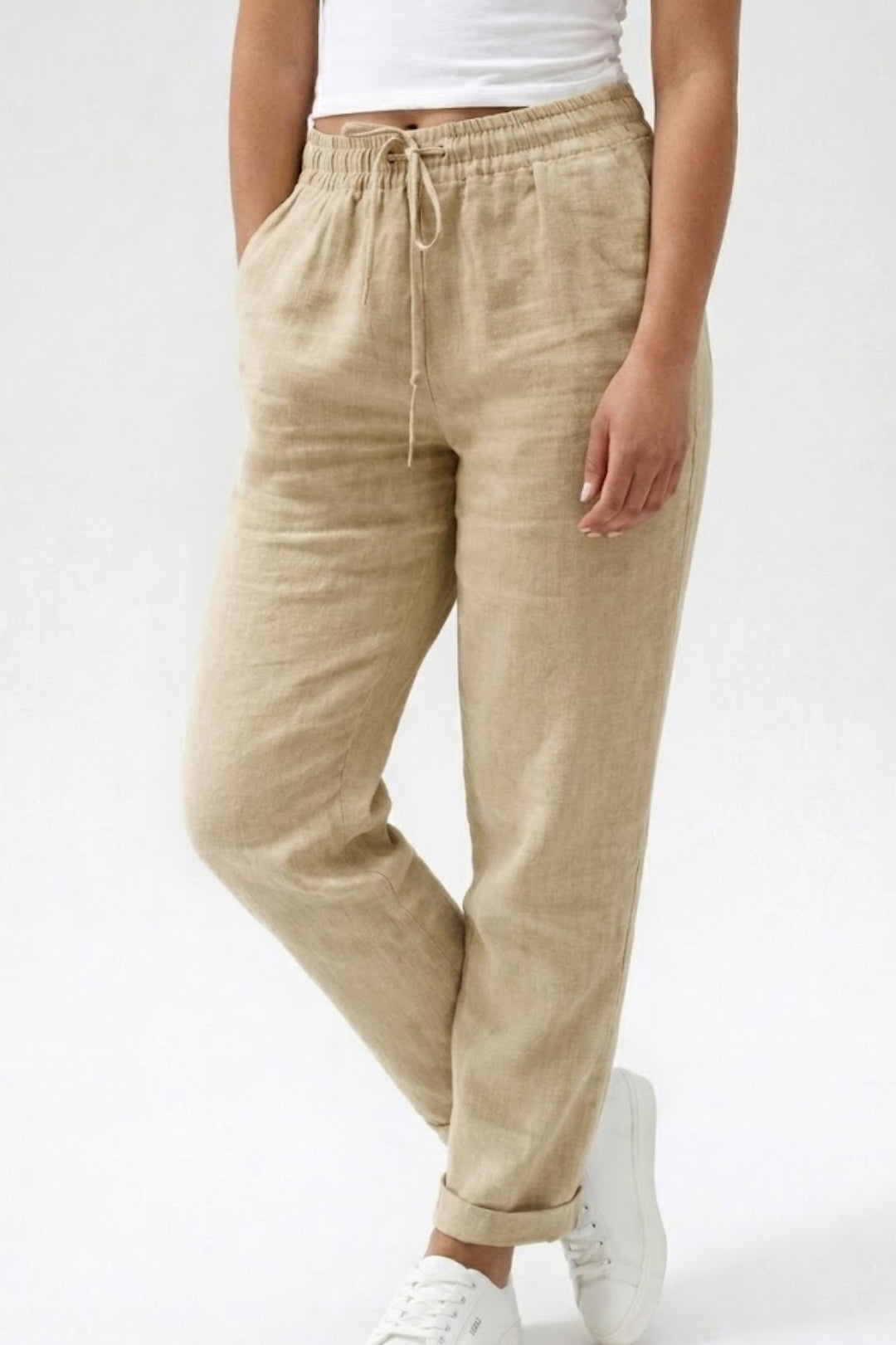Dames Luchtige Linnenlook Broek Met Trekkoord En Rechte Pijpen in Beige