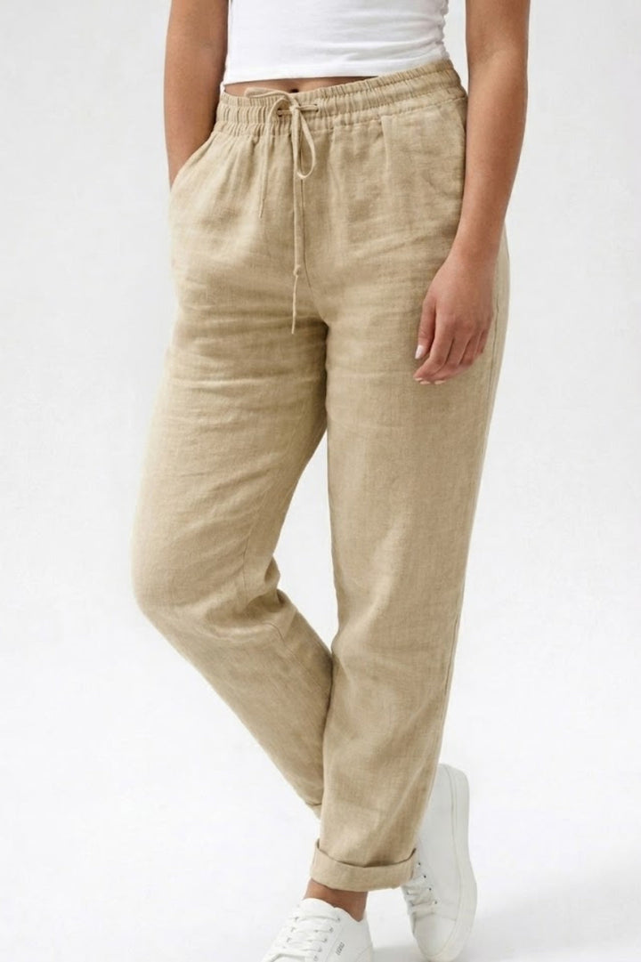 Dames Luchtige Linnenlook Broek Met Trekkoord En Rechte Pijpen in Beige