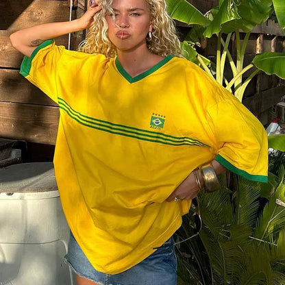 Oversized T shirt met V hals voor dames Korte mouwen