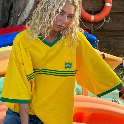 Oversized T shirt met V hals voor dames Korte mouwen