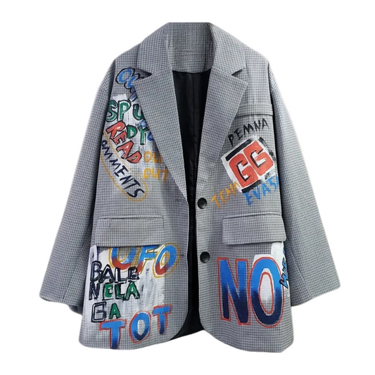 Oversized geruite blazer voor dames met graffiti print Boxy