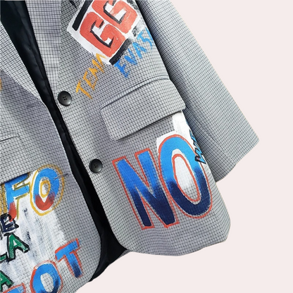 Oversized geruite blazer voor dames met graffiti print Boxy