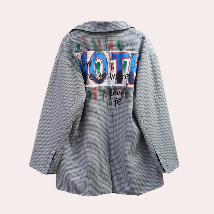 Oversized geruite blazer voor dames met graffiti print Boxy