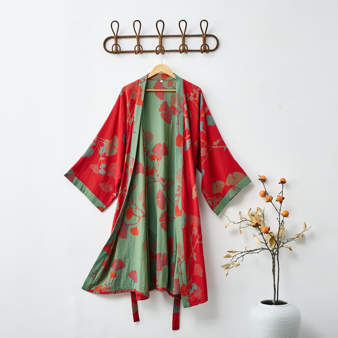 Dames Kimono Badjas Met Tweekleurig Ginkgomotief En Ceintuur in Rood/Groen