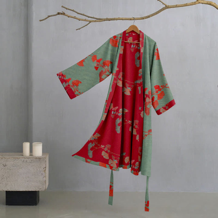Dames Kimono Badjas Met Tweekleurig Ginkgomotief En Ceintuur in Groen/Rood