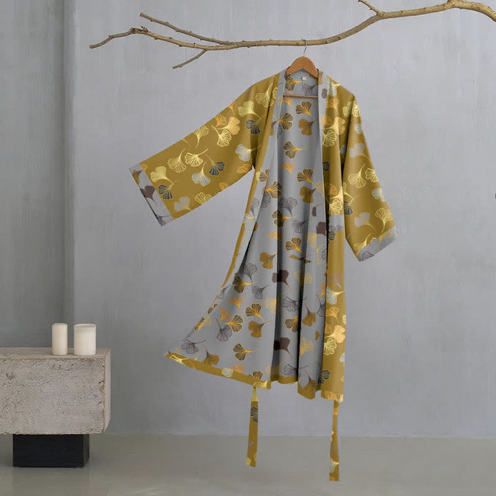 Dames Kimono Badjas Met Ginkgoprint En Tweekleurige Binnenkant in Geel/Lichtgrijs