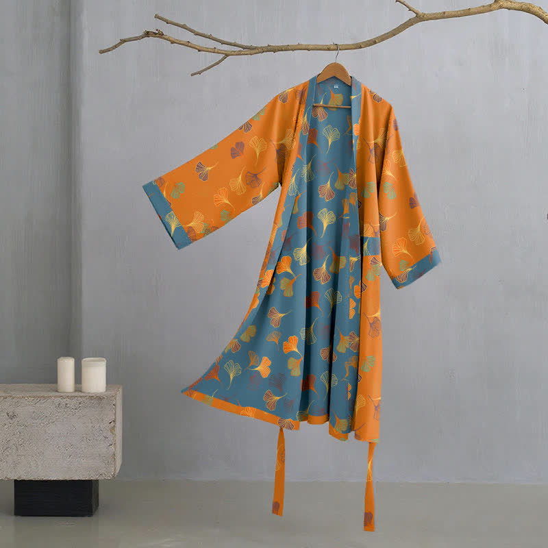 Dames Kimono Badjas Met Ginkgoprint En Tweekleurige Binnenkant in Oranje/Blauw