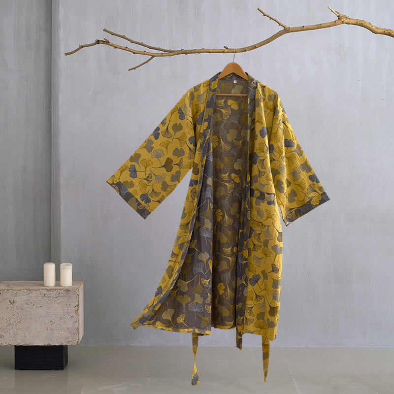 Dames Kimono Badjas Met Ginkgoprint En Tweekleurige Binnenkant in Geel/Donkergrijs