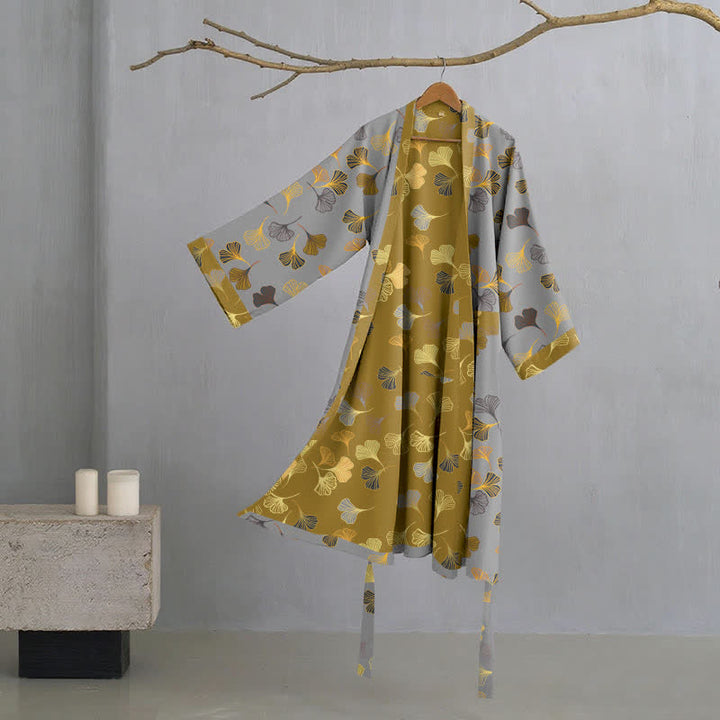 Dames Kimono Badjas Met Ginkgoprint En Tweekleurige Binnenkant in Lichtgrijs/Geel