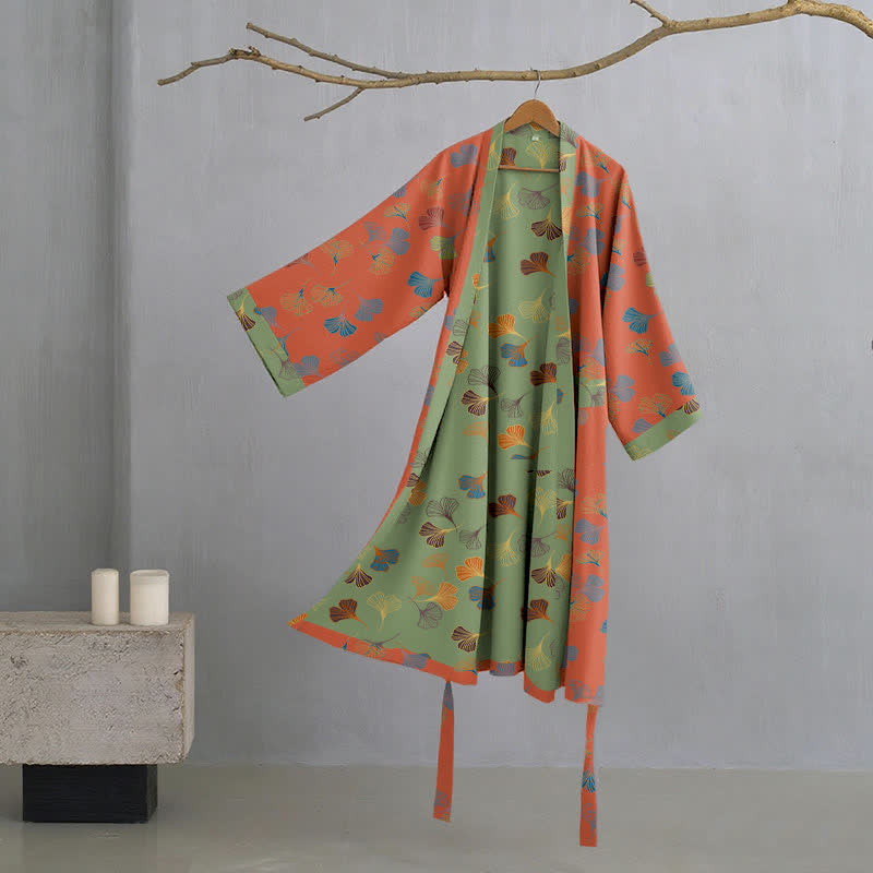 Dames Kimono Badjas Met Ginkgoprint En Tweekleurige Binnenkant in Oranje/Groen