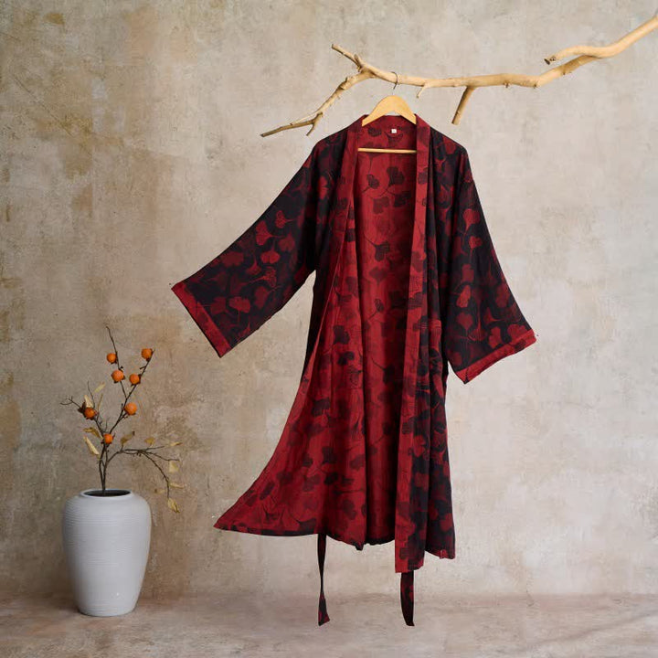 Dames Kimono Badjas Met Ginkgoprint En Tweekleurige Binnenkant in Zwart/Rood