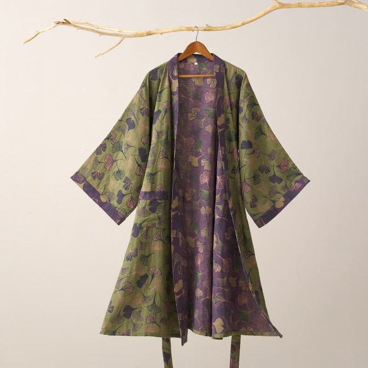 Dames Kimono Badjas Met Ginkgoprint En Tweekleurige Binnenkant in Groen/Paars