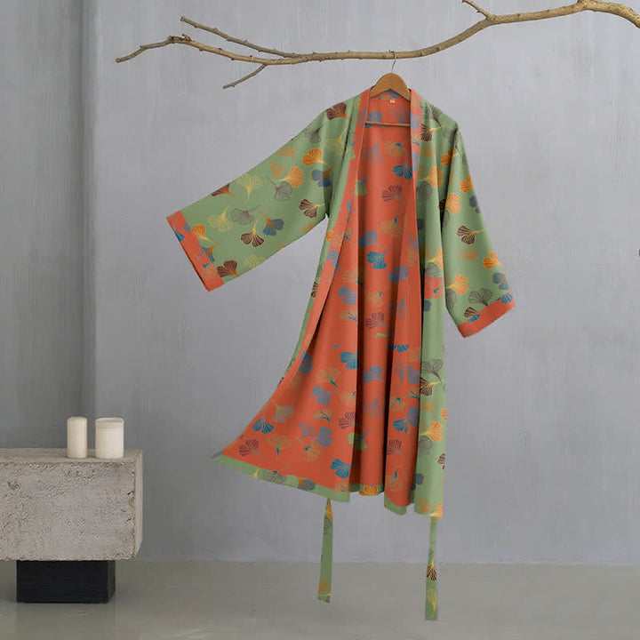 Dames Kimono Badjas Met Ginkgoprint En Tweekleurige Binnenkant in Groen/Oranje
