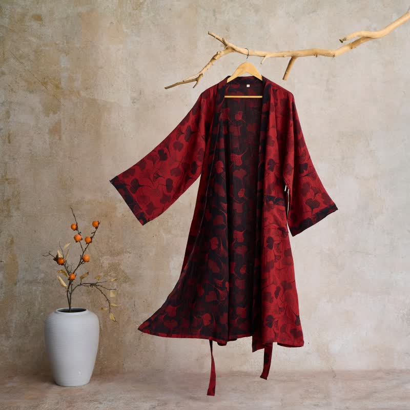 Dames Kimono Badjas Met Ginkgoprint En Tweekleurige Binnenkant in Rood/Zwart