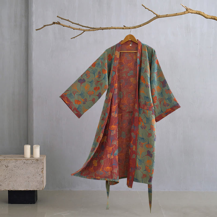 Dames Kimono Badjas Met Ginkgoprint En Tweekleurige Binnenkant in Donkergroen/Rood